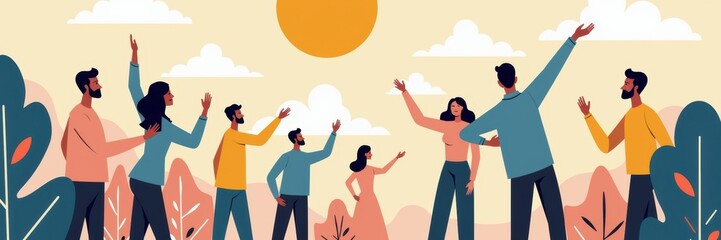 A vibrant illustration of diverse people joyfully interacting outdoors, symbolizing community, teamwork, and positivity in a sunny environment.