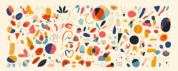 Extensive assortment of hand-drawn shapes and doodle objects, ranging from simple lines to intricate patterns , Vector flat minimalistic isolated illustration