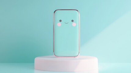 Wall Mural - A cute, smiling phone design displayed on a pedestal against a pastel background.