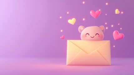 Poster - A cute cartoon bear peeks out of an envelope surrounded by floating hearts.