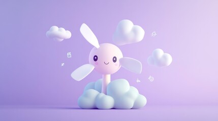 A cute, cartoonish character with rabbit ears surrounded by fluffy clouds in a pastel setting.