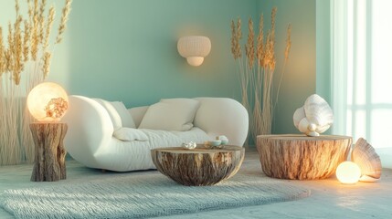 Wall Mural - Cozy, modern living room with natural elements and soft lighting.