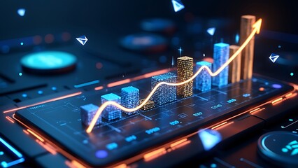 A digital financial growth chart featuring cryptocurrency symbols, showcasing an upward trend in value. The visual highlights the rise in digital assets.