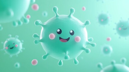 Wall Mural - A cute, cartoonish representation of a virus with a smiling face against a soft background.