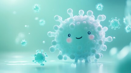 A cute, cartoonish virus character with a smiling face amidst smaller virus particles.