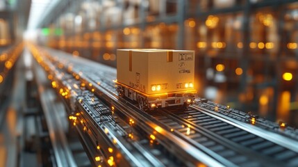 Poster - Automated delivery system moving packages along tracks in a modern warehouse