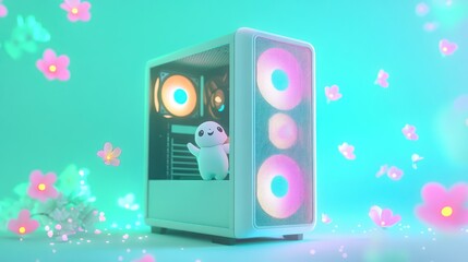 A whimsical computer case with colorful lights and a cute figure amidst floral decorations.