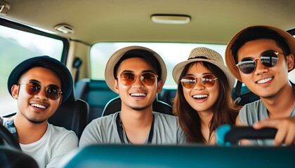 Energetic group of young Asian friends enjoying a summer road trip together inside a vehicle