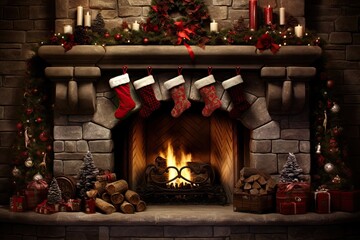 Sticker - Fireplace christmas decoration hearth.