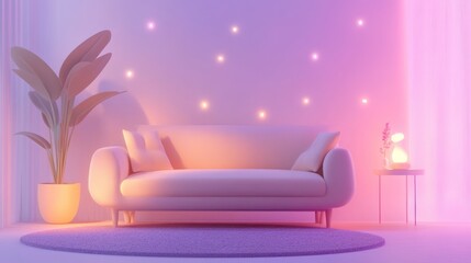 Wall Mural - A cozy, modern living room with a stylish sofa and ambient lighting.