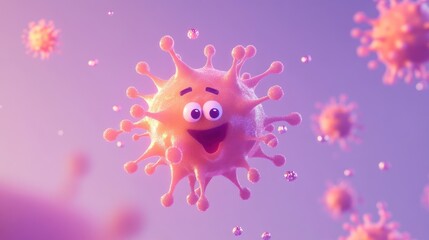 A cartoonish virus character with a happy expression surrounded by similar entities.