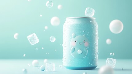 Sticker - A cute blue soda can surrounded by ice cubes and bubbles, evoking a refreshing vibe.