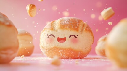 Wall Mural - A cute, smiling bread roll surrounded by crumbs on a pink background.