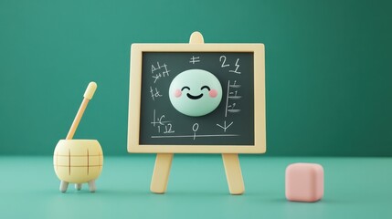 Canvas Print - A cute blackboard with cheerful character and math symbols, alongside a pencil holder and block.