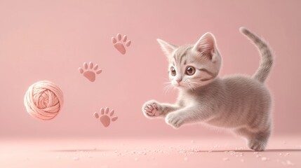 Wall Mural - A playful kitten chases a yarn ball on a soft pink background, highlighting its curiosity.