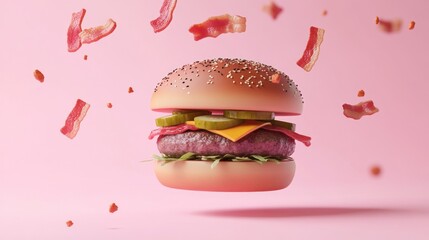 Canvas Print - A floating hamburger with bacon, cheese, pickles, and lettuce against a pink background.