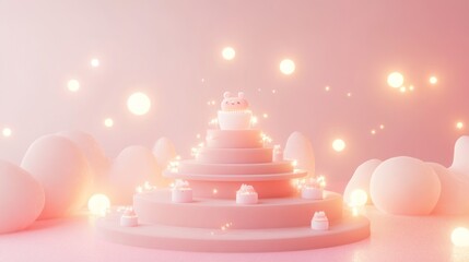 Wall Mural - A whimsical pastel scene featuring a tiered cake with a cute bear on top and glowing orbs.