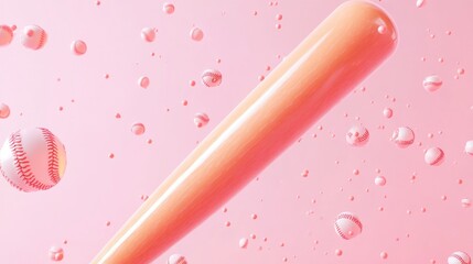 Poster - A baseball bat and balls surrounded by bubbles on a pink background.