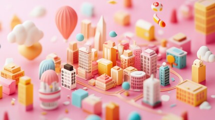 Sticker - A whimsical, pastel-colored cityscape with buildings, balloons, and playful elements.