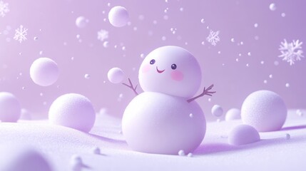 Wall Mural - A cheerful snowman with a playful expression surrounded by snowflakes and snowballs.