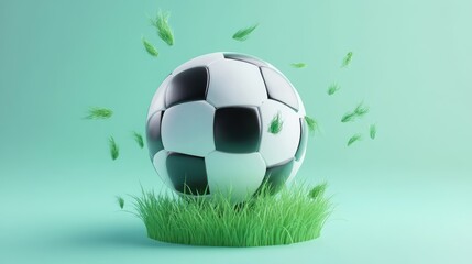 Canvas Print - A soccer ball on grass, surrounded by floating blades, emphasizing sports and playfulness.