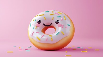 Sticker - A cheerful cartoon donut with icing and sprinkles against a pink background.