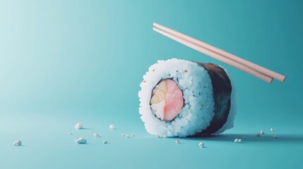 Canvas Print - A close-up of sushi roll with chopsticks on a blue background, highlighting food presentation.