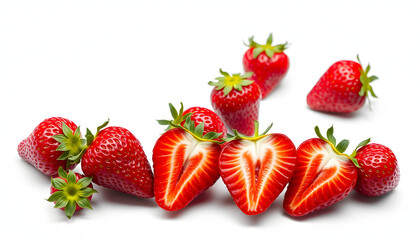 Pieces of ripe red strawberries on isolated background, set isolated with white highlights, png