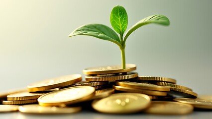 A plant sprouting from a pile of coins, symbolizing financial growth and investment success. The imagery represents the concept of wealth building, savings, and nurturing prosperity