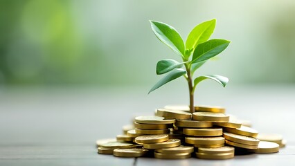 A plant sprouting from a pile of coins, symbolizing financial growth and investment success. The imagery represents the concept of wealth building, savings, and nurturing prosperity