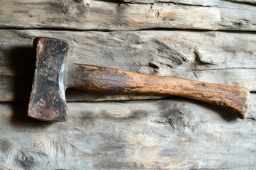 Poster - Weathered Wooden Axe on Rustic Wood Background