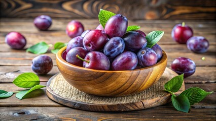 Fresh plums in a rustic wooden bowl on a natural wooden table