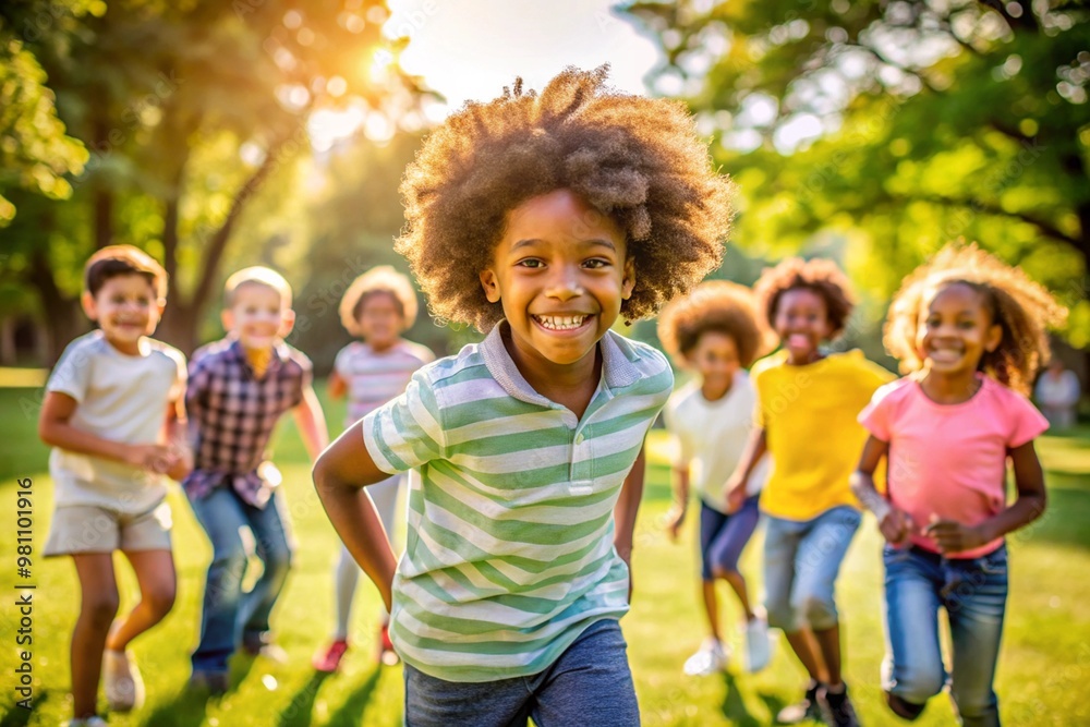 happy children playing together outdoors in a green park while laughing ...
