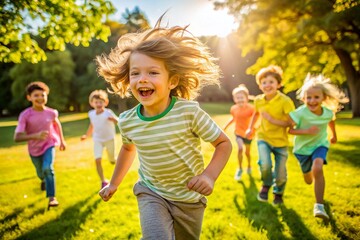 young children run happily through a grassy park on a bright sunny day they are full of energy and smiles enjoying their time outdoors in a playful and carefree manner friendship activity