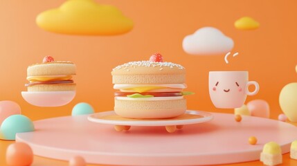 Poster - A playful 3D illustration of a burger and a cup, set against a vibrant orange background.