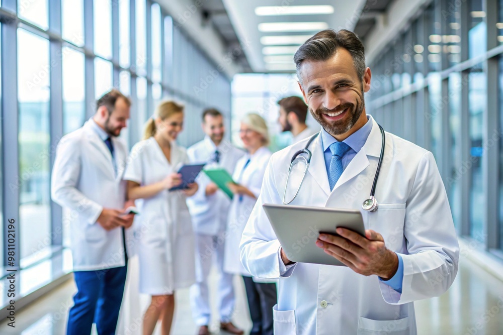 a group of diverse doctors are seen in a hospital hallway they are ...