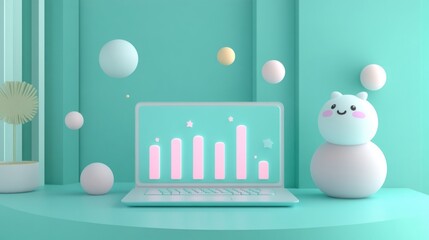 Wall Mural - A pastel workspace featuring a laptop displaying graphs and a cute character.