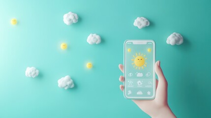 Wall Mural - A hand holding a smartphone displaying a sunny weather app against a turquoise background.