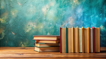 Poster - Books neatly arranged on wooden desk with abstract educational background, perfect for back to school concept