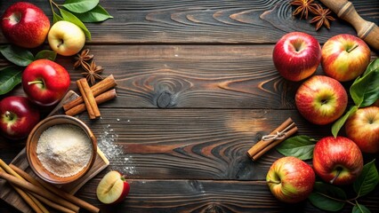 Poster - Fresh ingredients for delicious apple pie, including apples, cinnamon sticks, and sugar, on a dark rustic wooden background