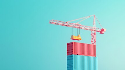 Sticker - A colorful crane lifts a container atop stacked shipping containers against a bright sky.