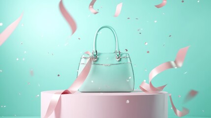 Sticker - A stylish mint-green handbag on a podium with festive confetti and ribbons.