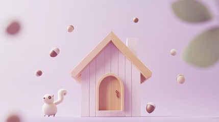 Canvas Print - A whimsical wooden house with a squirrel and acorns, creating a playful scene.