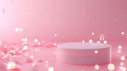 Sticker - A minimalist scene featuring a round white container on a pink background with soft lighting.