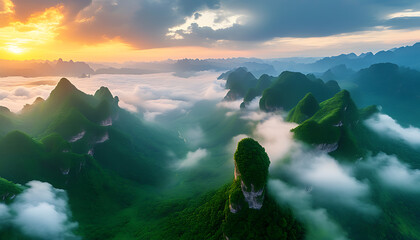 Sticker - Aerial view of green mountains with cloudy sky