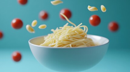 Canvas Print - A bowl of spaghetti with floating pasta and cherry tomatoes against a blue background.