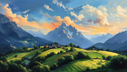 Canvas Print - Rural charm meets breathtaking mountain scenery with sky as a backdrop