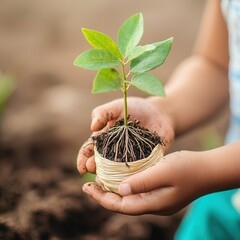 Canvas Print - Young hands holding a sapling.