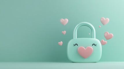 Wall Mural - A cute mint-colored padlock with a heart design and floating pink hearts around it.