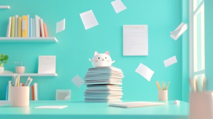 Wall Mural - A playful cat figure amidst a messy workspace with scattered papers.